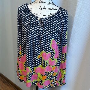 Kaari Blue Navy and Pink Floral Blouse 3X Tie front, Full Sleeves, Lightweight